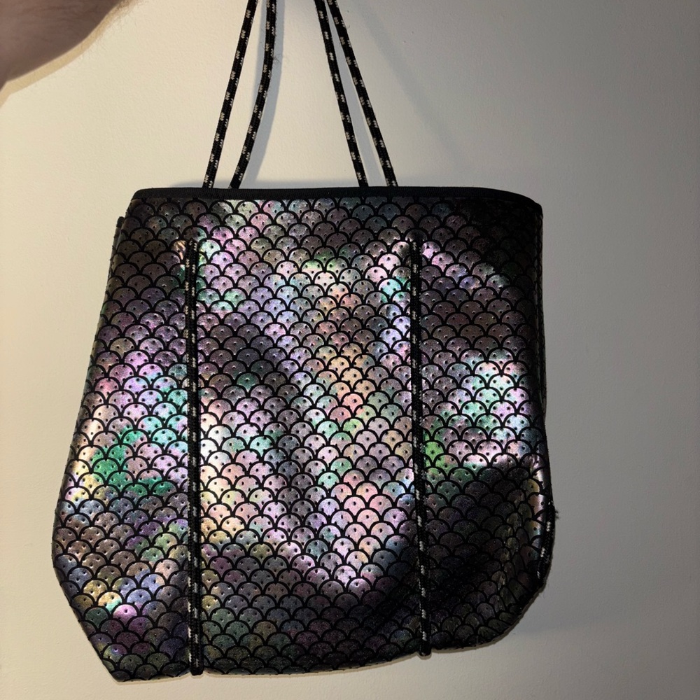 Vintage Black Tote Bag with Shimmering Scale Design